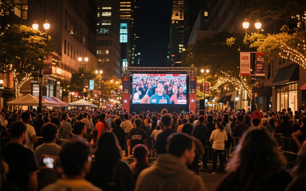 城市街头公共观赛大屏前的人群与夜景灯光，热烈而安全的节日氛围