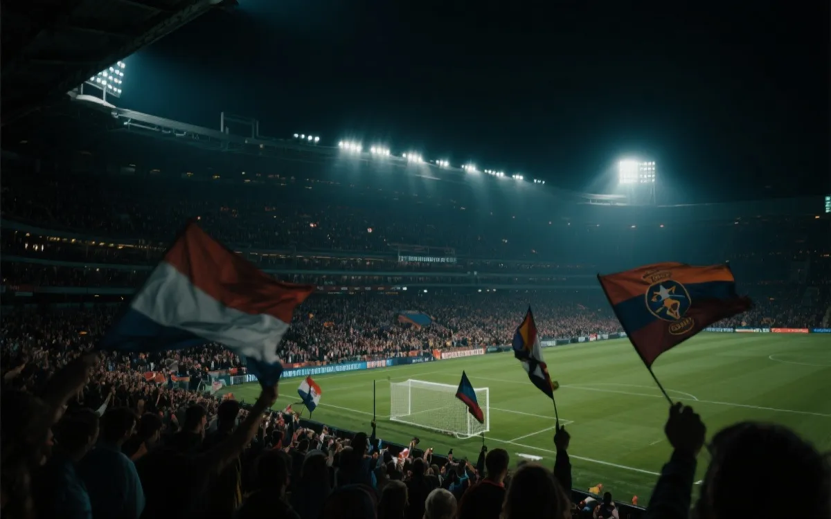 世界杯淘汰赛夜晚的球场：灯光、球迷旗帜与紧张气氛的电影感画面