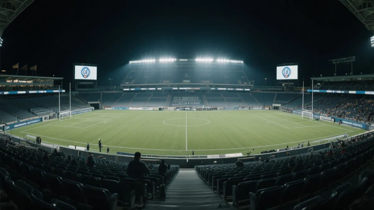 世界杯预选赛附加赛阶段的中立场馆与转播灯光氛围示意
